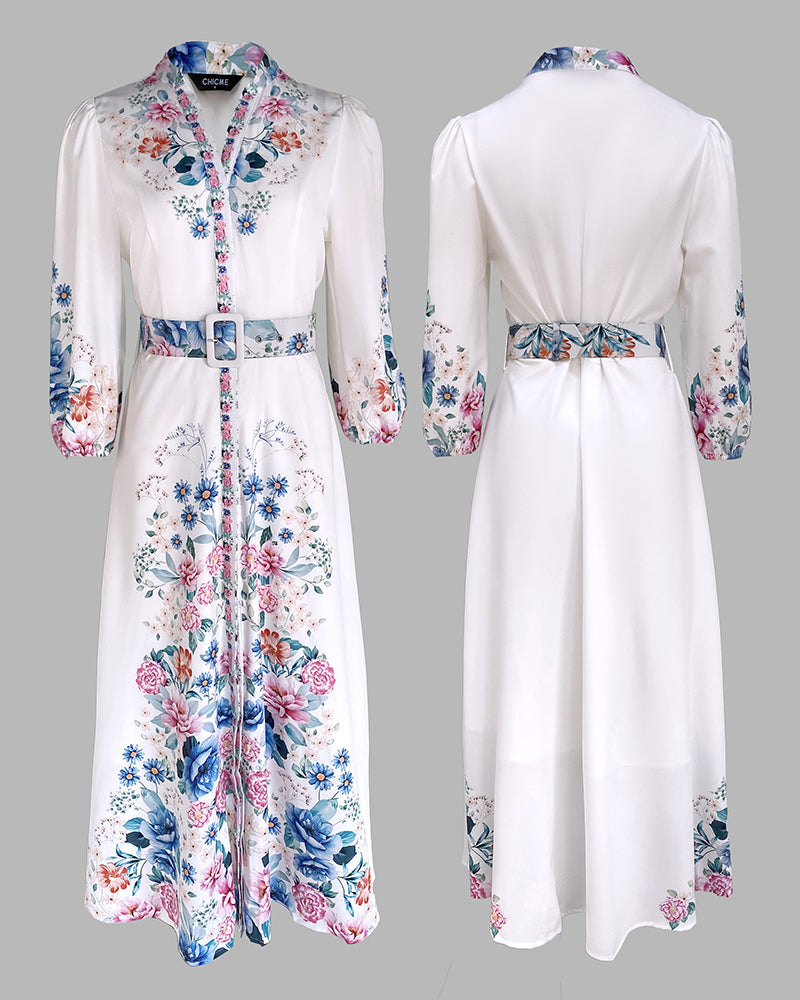 Floral Print V Neck Three Quarters Tied Detail Blouse Dress Casual A Line Slim Fit Maxi Dress