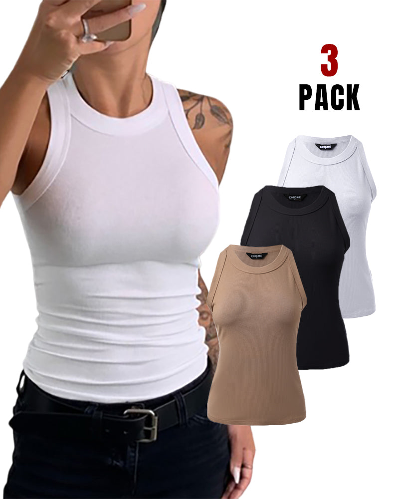 3 Pack Knit Round Neck Thick Strap Racerback Tank Tops(Without Pads)