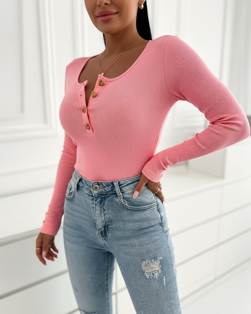 Square Neck Long Sleeve Half Heart Button Tee Slim Fit Ribbed Layering Top