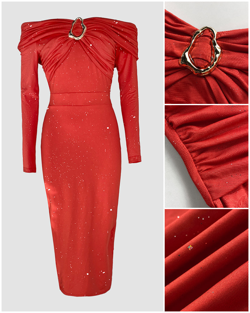 Off Shoulder Long Sleeve Chic Mental Buckle Ruched Mid-Calf Dress