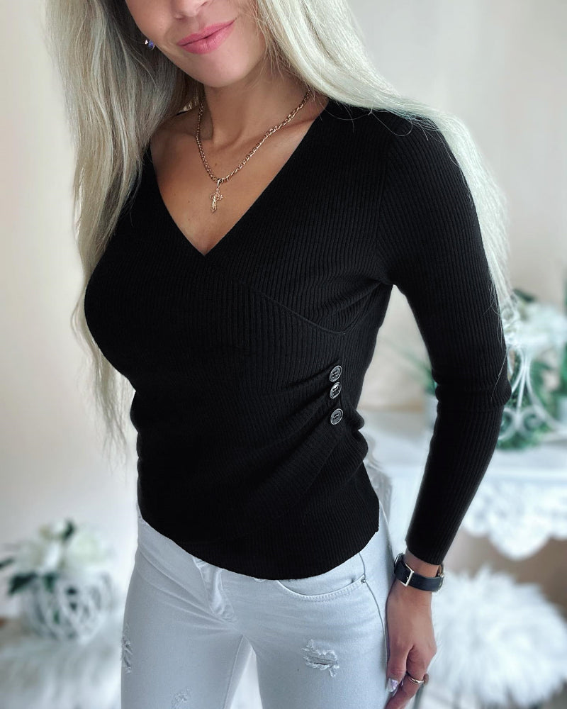 Overlap V-Neck Ruched Side Button Decor Knit Sweater Slim Fit Ribbed Pullover Top