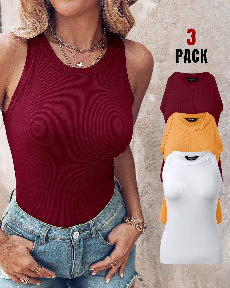 3 Pack Knit Round Neck Thick Strap Racerback Tank Tops(Without Pads)
