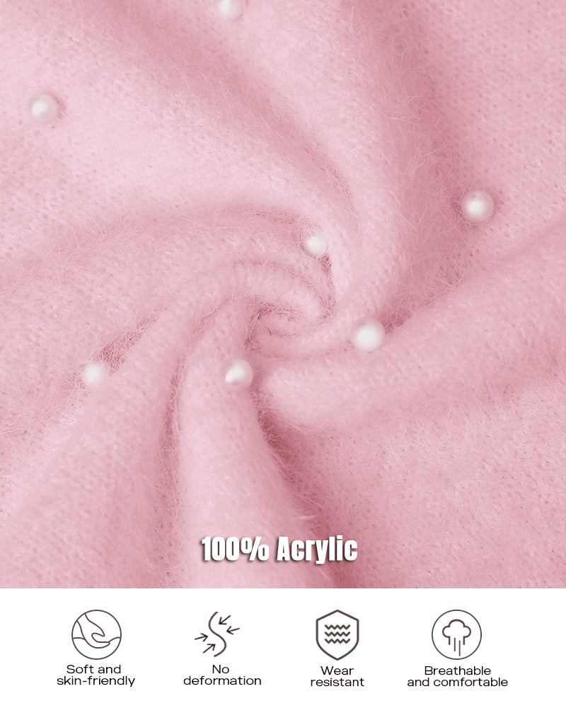 V Neck Long Sleeve Beaded Decor Oversized Sweater Fluffy Pullover Top