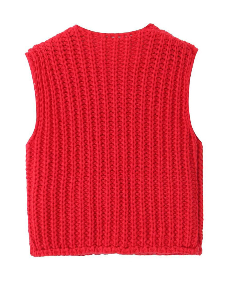 V-Neck Sleeveless Button Front Knit Vest Casual Loose Fit Sweater Top with Pockets
