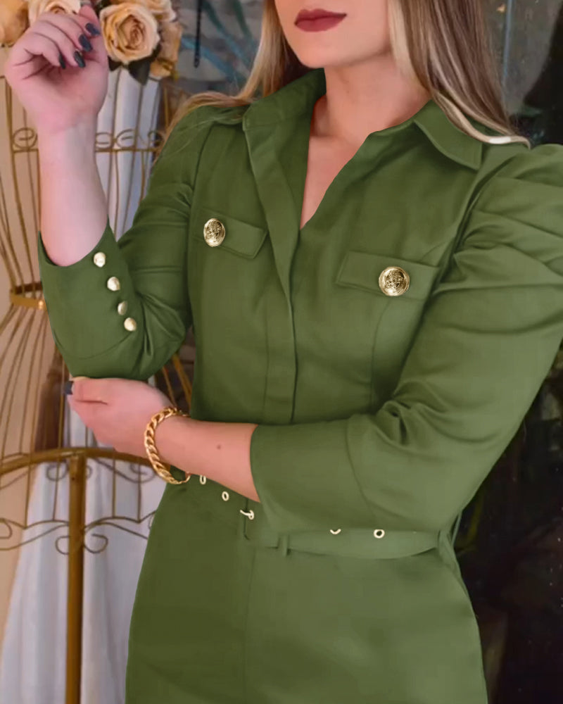 Turn-down Collar Long Sleeve Button Decor Front Slit Slim Fit Mid-Calf Dress Work Bodycon