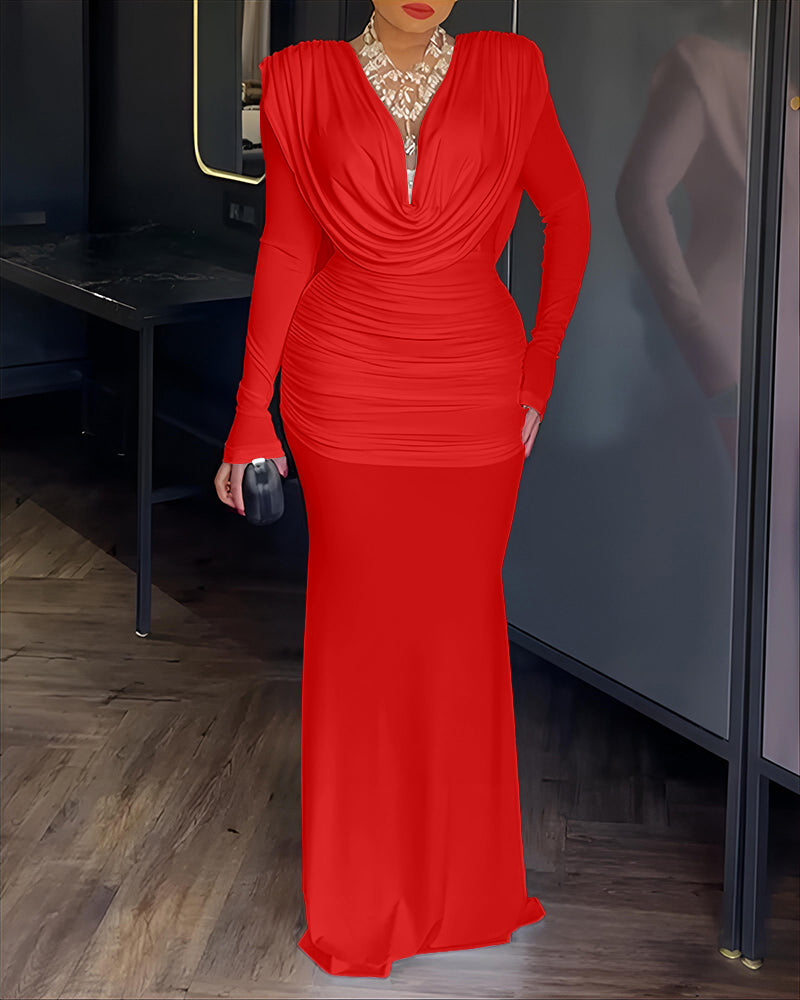 Cowl Neck Ruched Zipper Back Slim Fit Maxi Dress Casual Padded Shoulders Backless Evening Dress