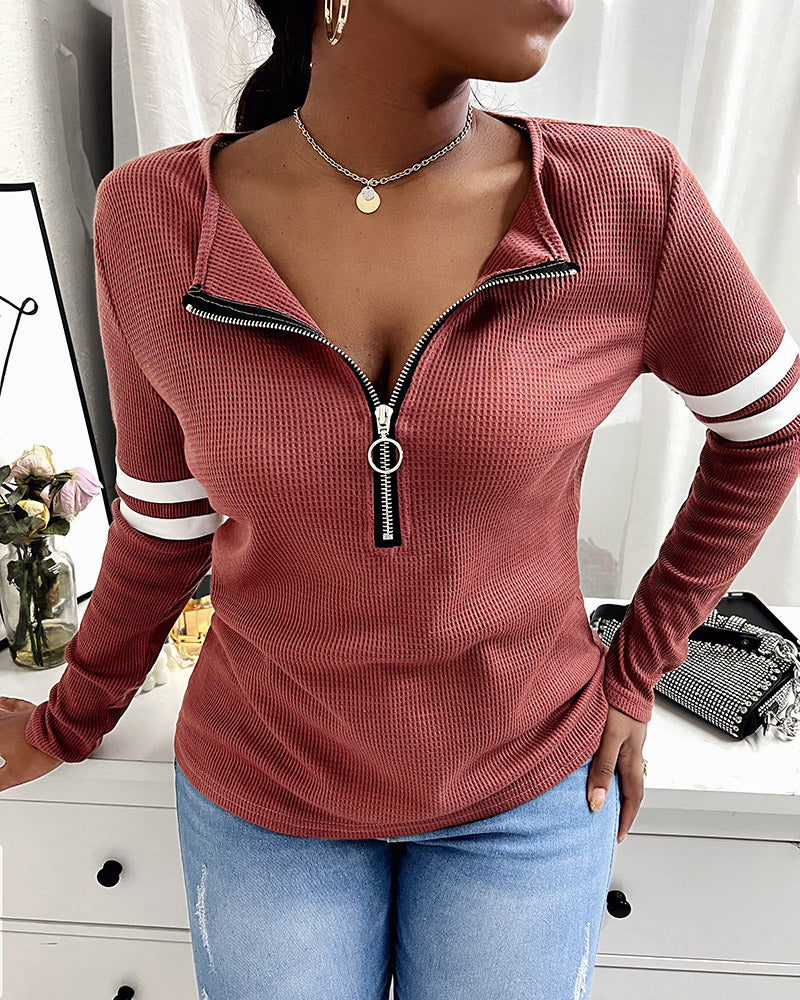 Striped Print Zipper Front Long Sleeve Top  Waffle Knit Loose Fitting Tunic Tops
