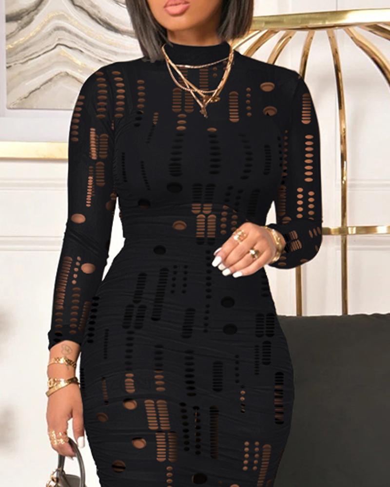 Mock Neck Long Sleeve Hollow Out Bodycon Dress Sexy Party Dress