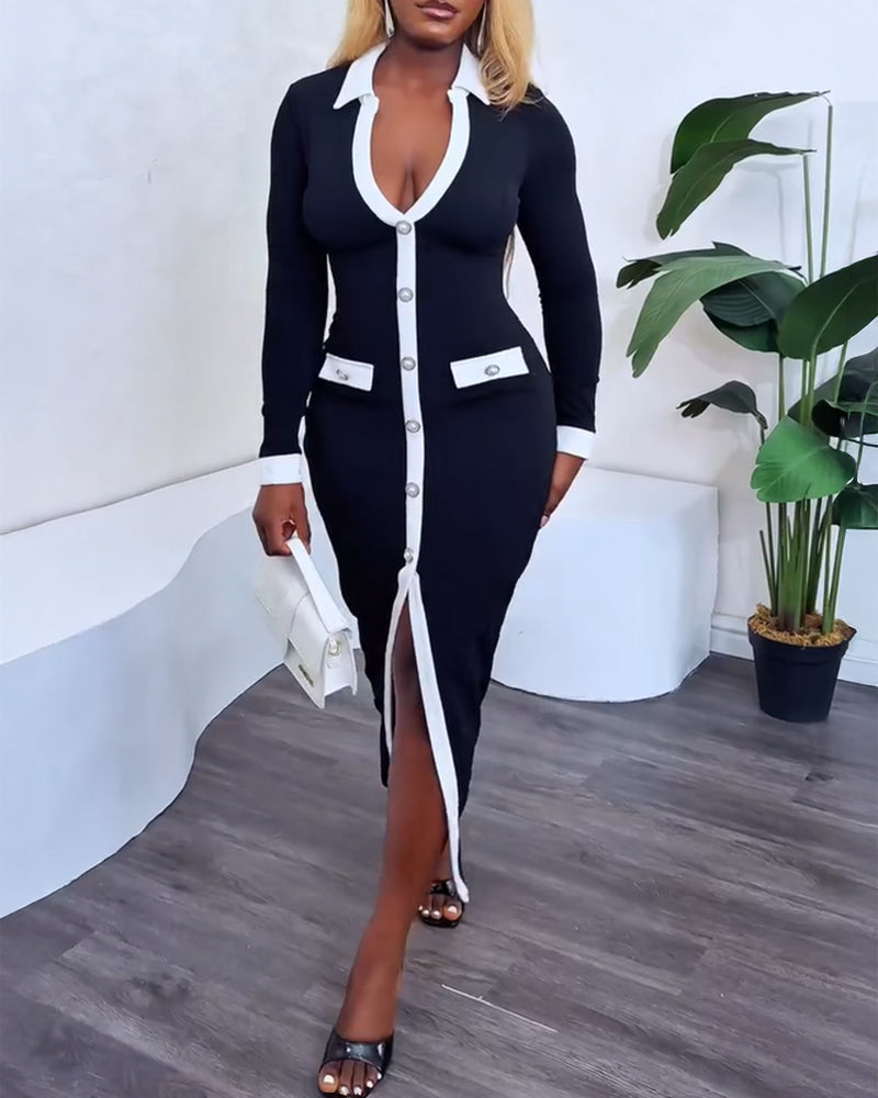 Pearls Button Decor Contrast Paneled Turn-down Collar Slit Front Dress Zipper Side Flap Detail Slim Fit Commuting Dress