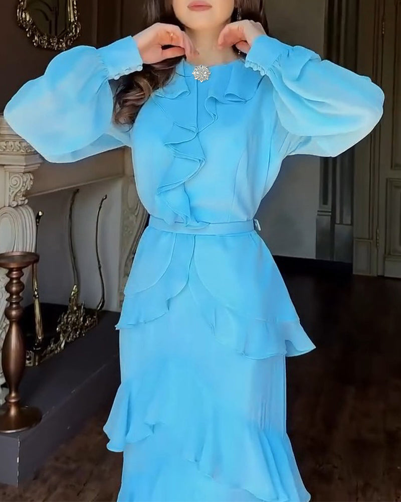 French Style Rhinestone Decor Ruffles Round Neck Lantern Sleeve Asymmetrical Hem Dress Zipper Back Layered Ruffle Hem Chiffon Evening Dress with Belt