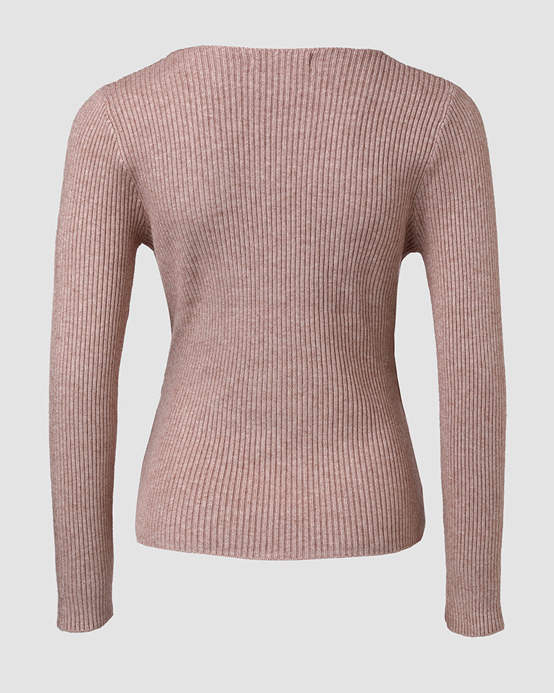Overlap V-Neck Ruched Side Button Decor Knit Sweater Slim Fit Ribbed Pullover Top