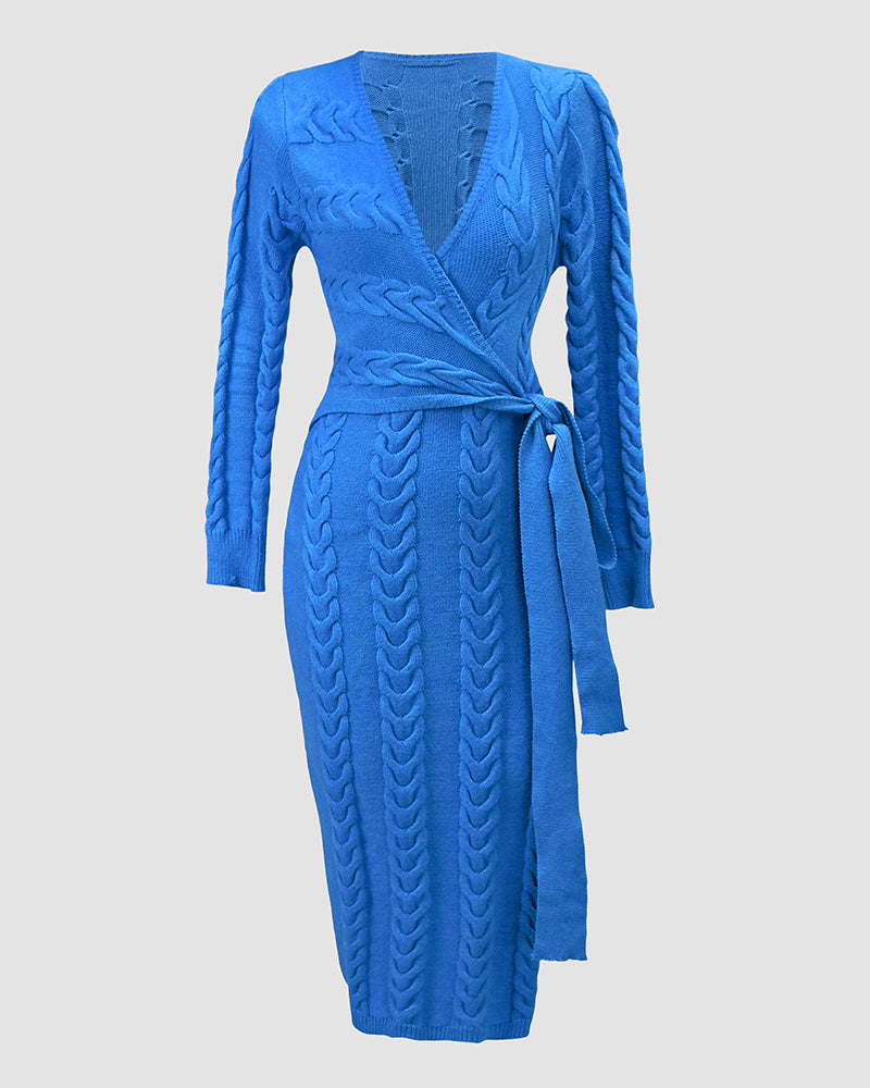 Cable Textured Overlap Deep V Neck Long Sleeve Mid Length Dress Tie Waist Slim Fit Knit Dress