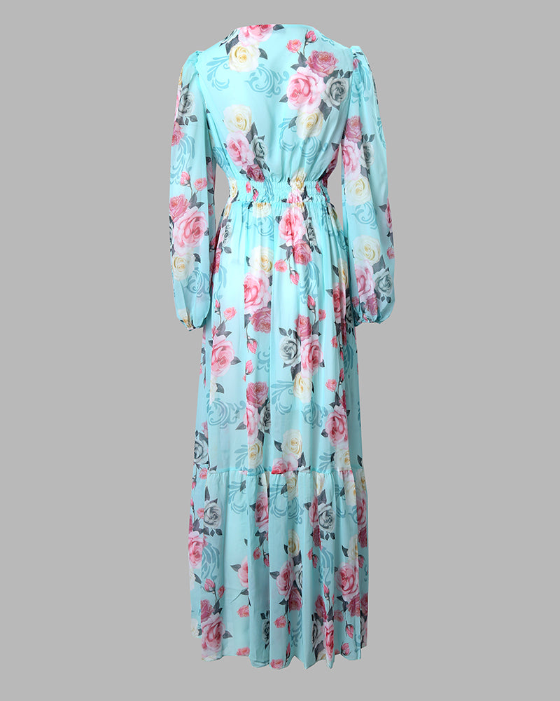 Floral Print Deep V Neck Lantern Sleeve Cinched Waist Maxi Dress Shirred Back Ruffle Hem A Line Dress