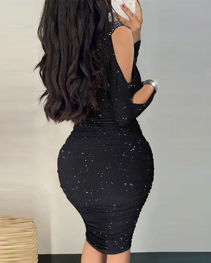 Rhinestone Decor Cold Shoulder Glitter Bodycon Dress