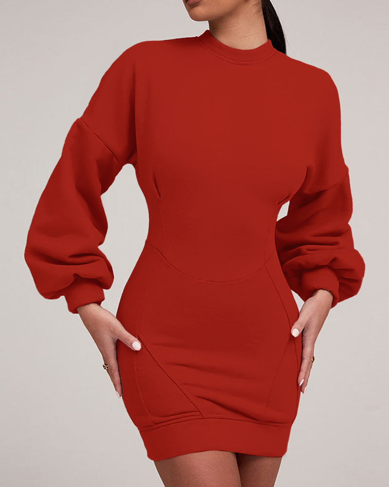Lantern Sleeve Bodycon Pullover Sweatshirt Dress Crew Neck Mini Dress