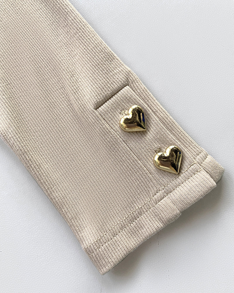 Square Neck Long Sleeve Half Heart Button Tee Slim Fit Ribbed Layering Top