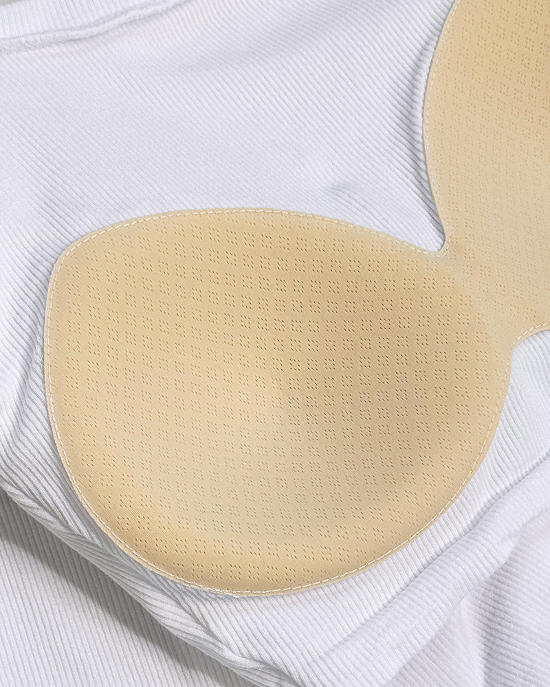 Built In Bra U Neck Tee High Stretchy Knit T-Shirt Long Sleeve Top