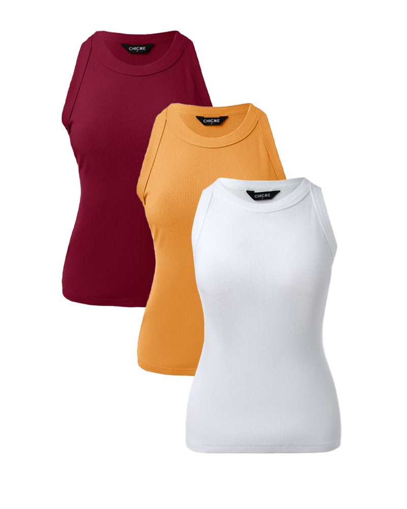 3 Pack Knit Round Neck Thick Strap Racerback Tank Tops(Without Pads)