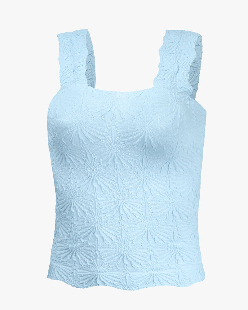 Floral Jacquard Square Neck Thick Strap Crop Tank Casual Sleeveless Top