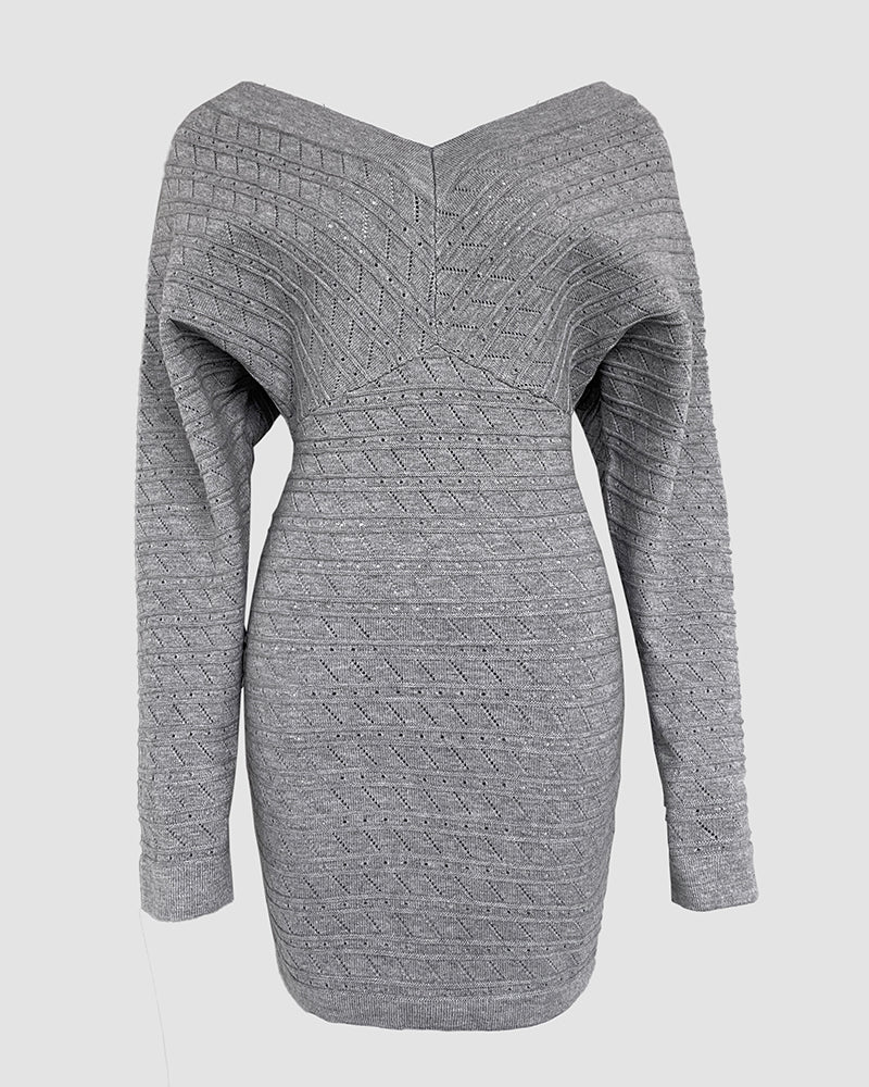 V-Neck Hollow Out Long Sleeve Knit Dress