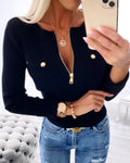 Crewneck Half Zipper Flap Detail Knit Sweater Long Sleeve Slim Fit Ribbed Pullover Top