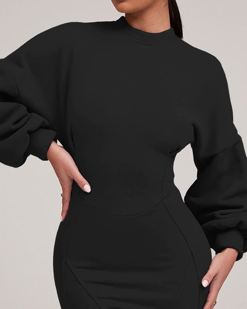 Lantern Sleeve Bodycon Pullover Sweatshirt Dress Crew Neck Mini Dress