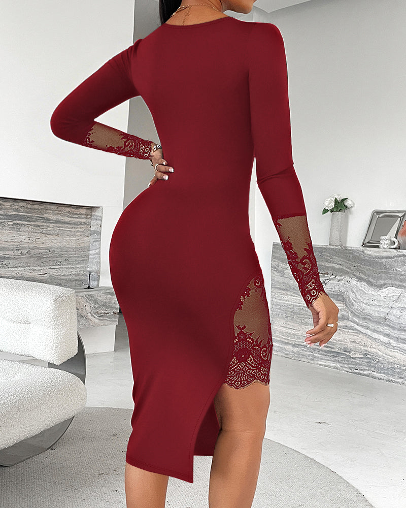 Square Neck Long Sleeve Eyelash Lace Spliced Slit Evening Dress Zipper Back Asymmetrical Hem Slim Fit Dress