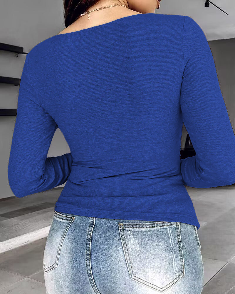 Chicme Built In Bra Notch Neck Long Sleeve Shirts Rib Knit Ruched Waist Top