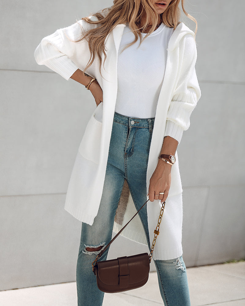 Letter Heart Pattern Long Cardigans Knitted Open Front Oversized Hooded Outerwear Sweater Coat