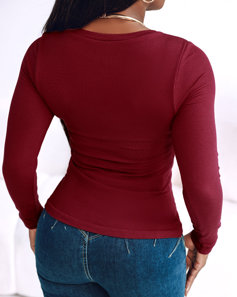 Built In Bra U Neck Tee High Stretchy Knit T-Shirt Long Sleeve Top