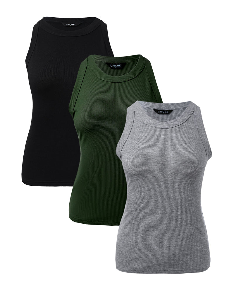 3 Pack Knit Round Neck Thick Strap Racerback Tank Tops(Without Pads)