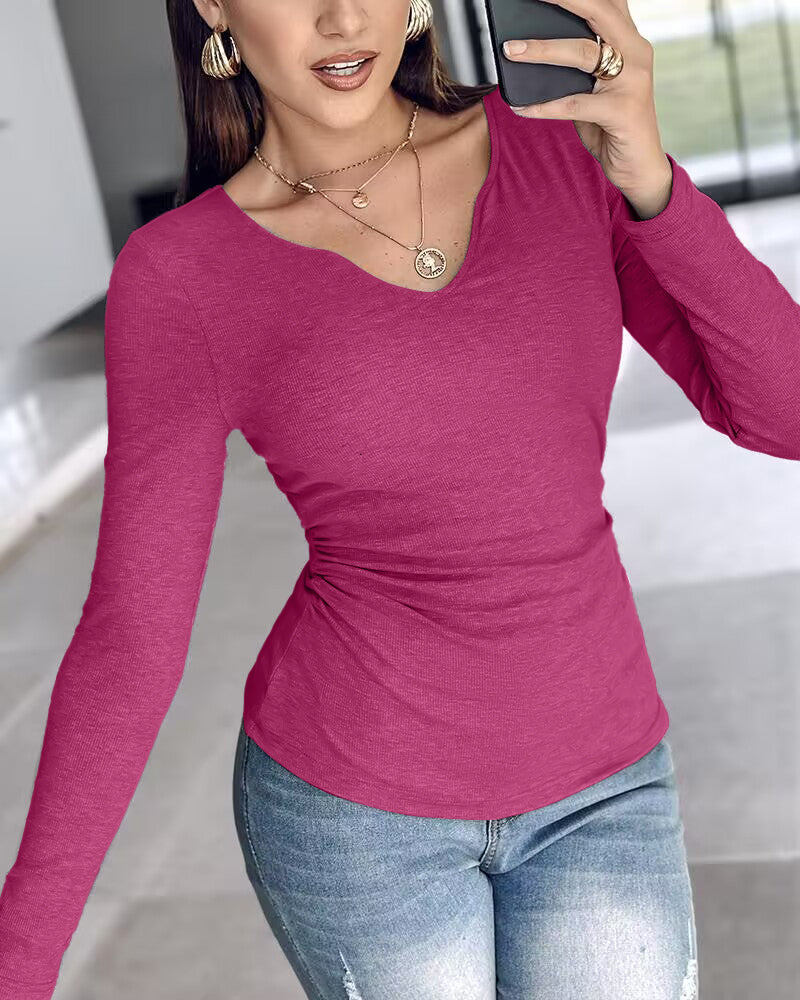 Chicme Built In Bra Notch Neck Long Sleeve Shirts Rib Knit Ruched Waist Top
