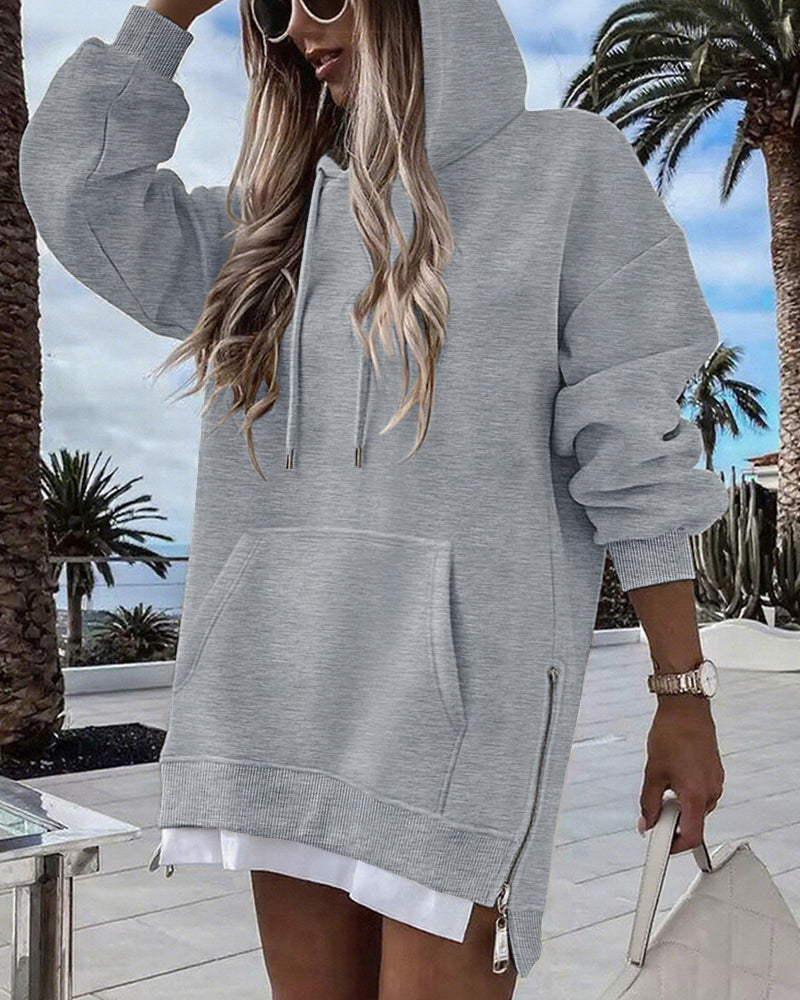Long Sleeve Pocket Design Pullover Sweatshirt Casual Faux Two Piece Longline Drawstring Hooded Top