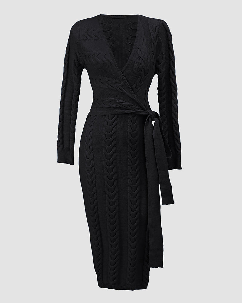 Cable Textured Overlap Deep V Neck Long Sleeve Mid Length Dress Tie Waist Slim Fit Knit Dress