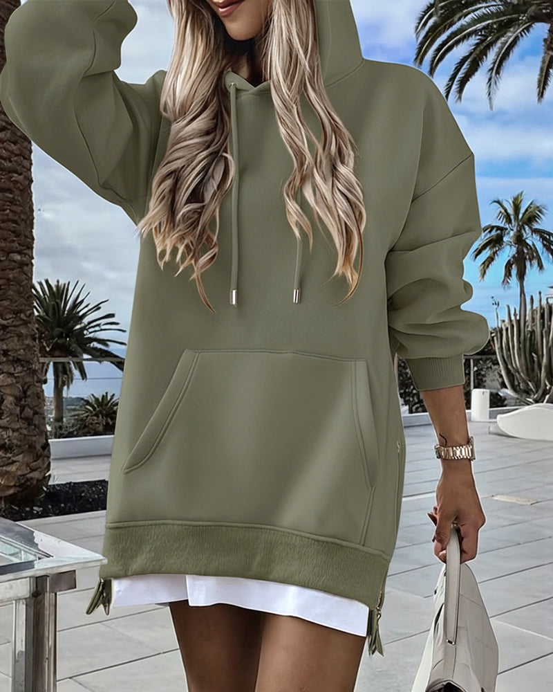 Long Sleeve Pocket Design Pullover Sweatshirt Casual Faux Two Piece Longline Drawstring Hooded Top