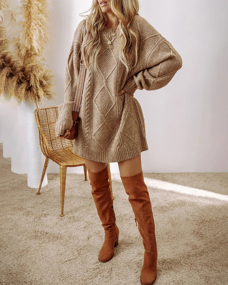 Round Neck Long Sleeve Drop Shoulder Pullover Sweater Casual Loose Fit Cable Knit Mid Length Sweater