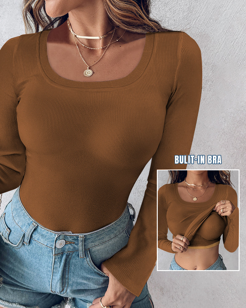 Chicme Built In Bra U Neck Long Sleeve Ribbed Top