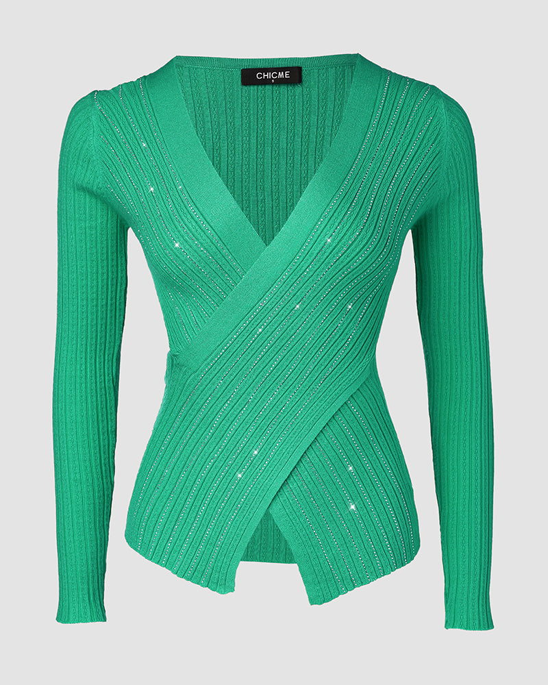 Rhinestone Decor Overlap V Neck Long Sleeve Knit Sweater Asymmetrical Hem Slim Fit Textured Pullover Top