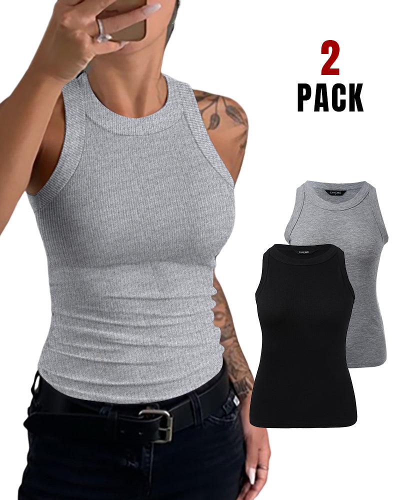 2-Pack Round Neck Thick Strap Racerback Ribbed Tank Slim Fit Tops without Bra Pads