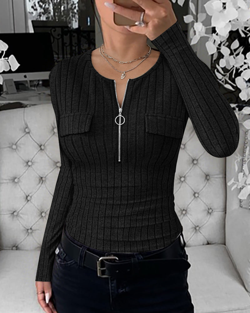 Long Sleeve Half Zip Flap Detail Ribbed Tee Slim Fit Brushed Top