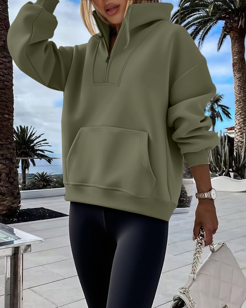 High Neck Half Zip Long Sleeve Kangaroo Pocket Sweatshirt Casual Drop Shoulder Top
