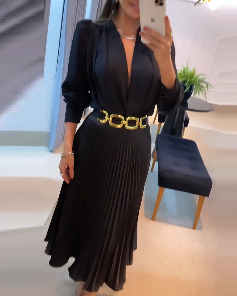 Elegant Women's Puff Long Sleeve V-neck Pleated Maxi Dress Dinner Dress (Without Belt)