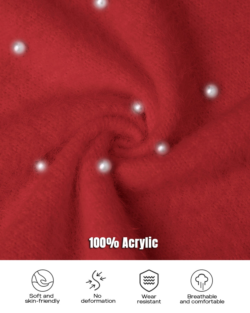 V Neck Long Sleeve Beaded Decor Oversized Sweater Fluffy Pullover Top