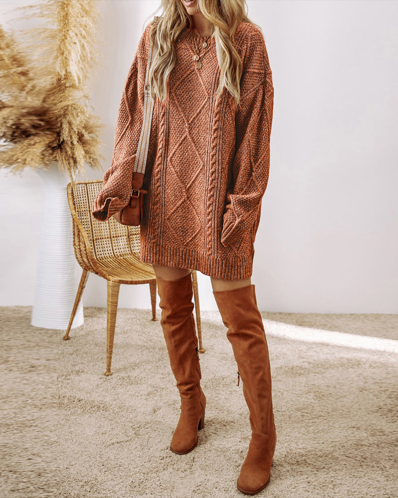 Round Neck Long Sleeve Drop Shoulder Pullover Sweater Casual Loose Fit Cable Knit Mid Length Sweater