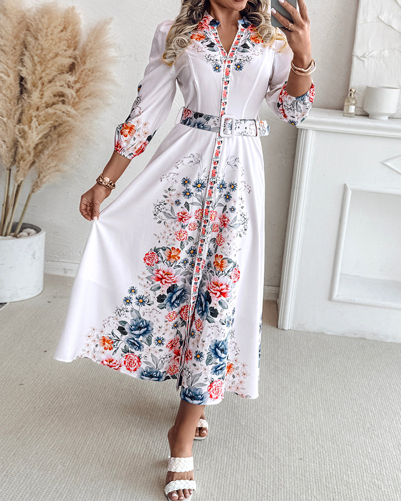 Floral Print V Neck Three Quarters Tied Detail Blouse Dress Casual A Line Slim Fit Maxi Dress
