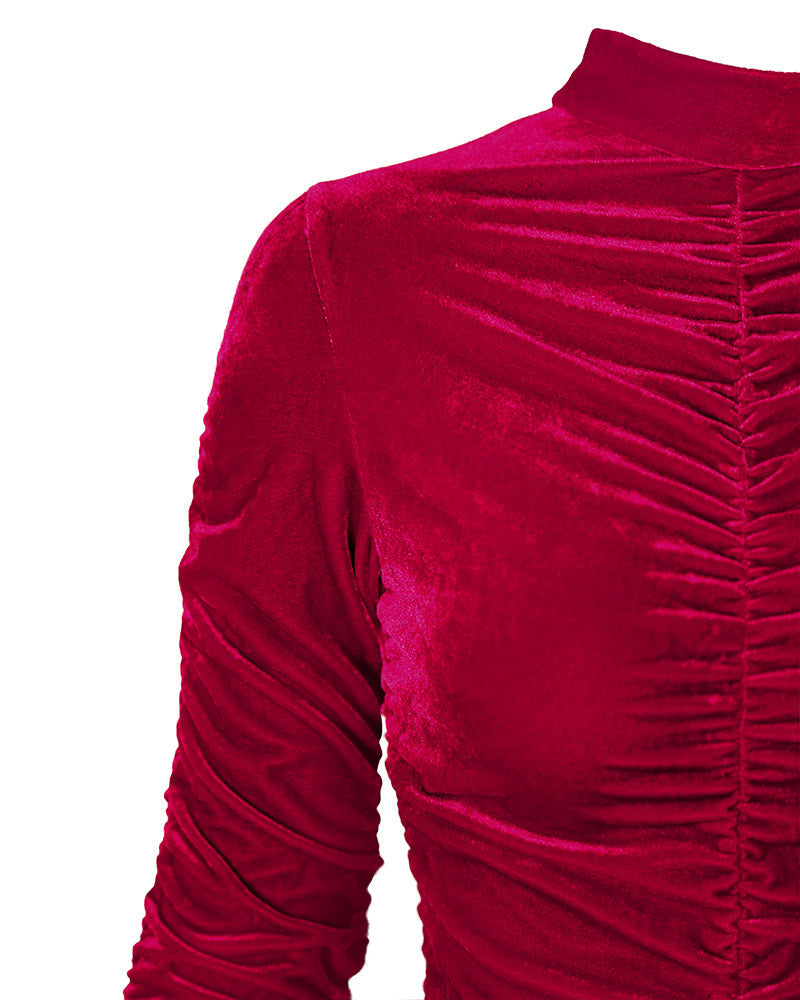 Velvet Mock Neck Ruched Bodycon Dress