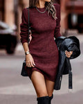 Round Neck Long Sleeve Knit Sweater Dress Pullover Slim Fit Ribbed Dress