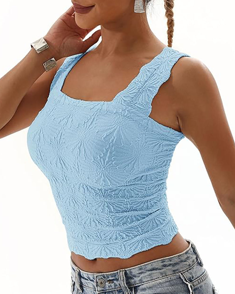 Floral Jacquard Square Neck Thick Strap Crop Tank Casual Sleeveless Top