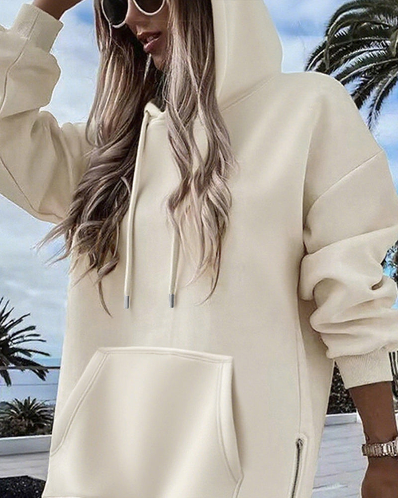 Long Sleeve Pocket Design Pullover Sweatshirt Casual Faux Two Piece Longline Drawstring Hooded Top