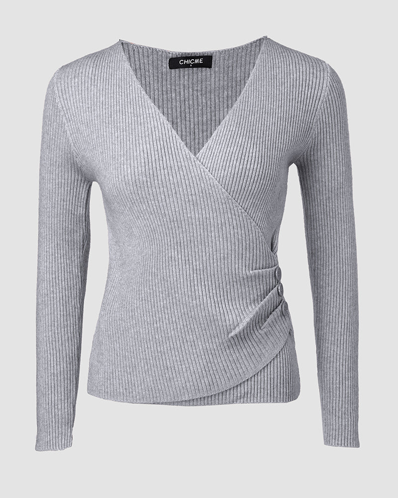 Overlap V-Neck Ruched Side Button Decor Knit Sweater Slim Fit Ribbed Pullover Top